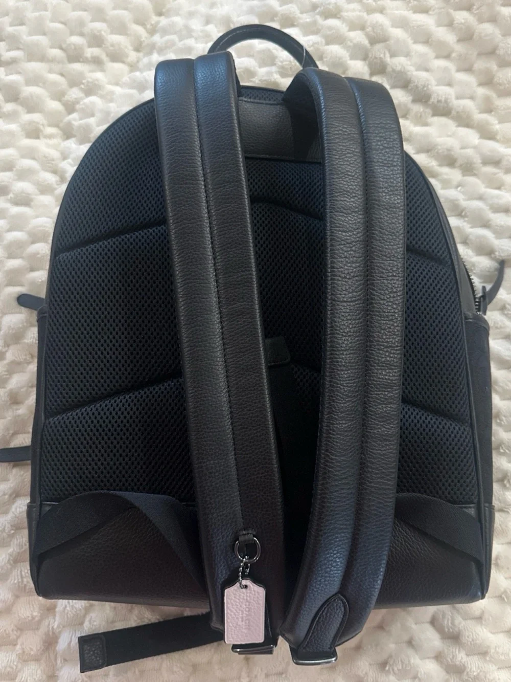 Coach Black Leather Backpack with Tan and White Center Stripes